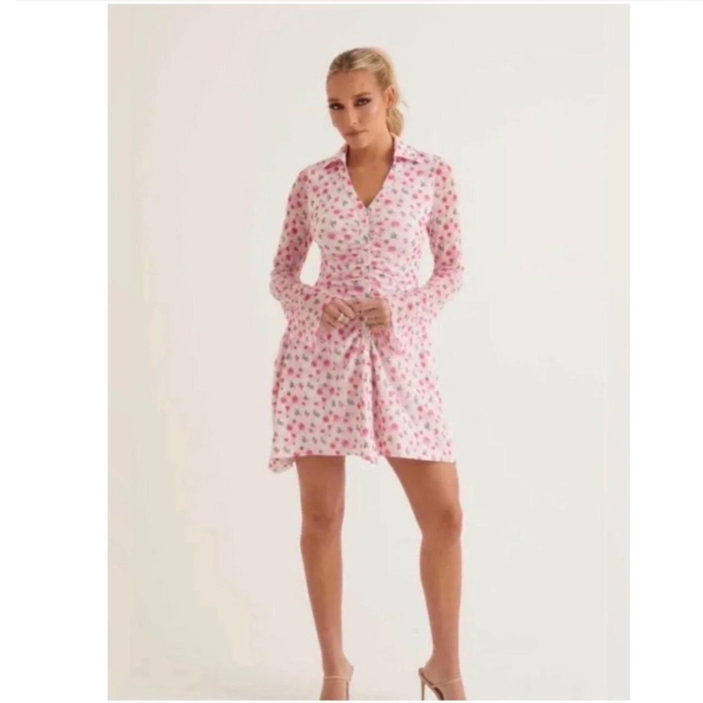 Alana Eve Pink Floral Long Sleeve Ruched Mini Dress with Flared Cuffs XS